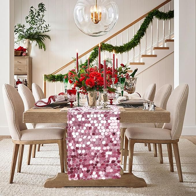 VHH Sequin Table Runner 12 x 108 inches Pink Table Runner, Glitter Runner for Party Wedding Birthday, Party Spring Easter Rustic, Birthday Supplies Decorations (1 Pack).