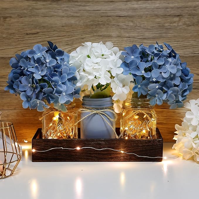 Mason Jar Lights Centerpiece Table Decor for Dining Room Farmhouse Coffee Table Decor with Wood Tray Fairy Lights Fake Hydrangea Flowers for Kitchen Living Dining Room - Blue White