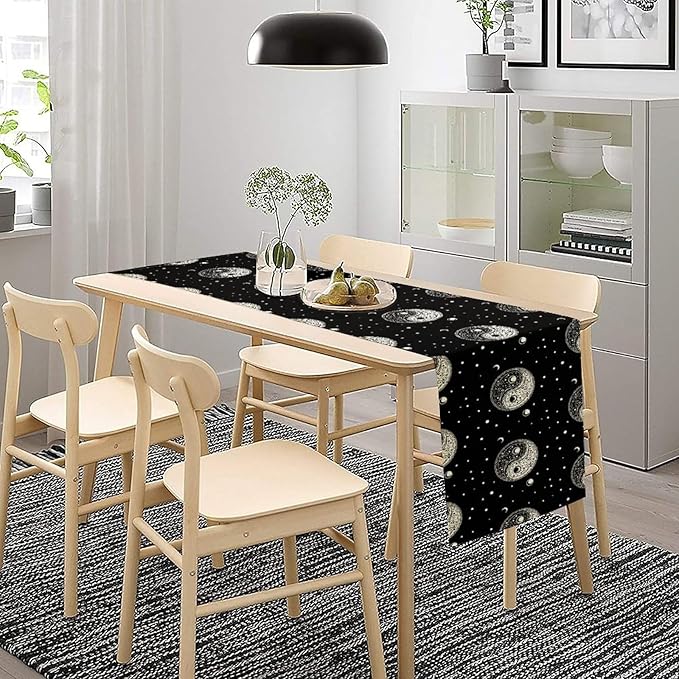 Mystical Celestial Table Runner, Vintage Bohemian Black Yin Yang Symbol Moon Stars Print Table Runner for Office Kitchen Dining Wedding Party Home Coffee Table, 13x60inch