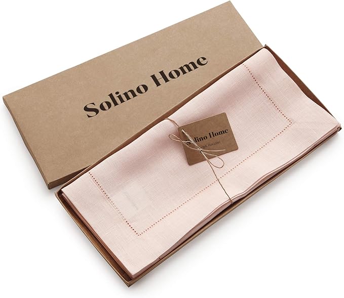 Solino Home Linen Pink Table Runner 90 Inches Long - 100% Pure Linen Hemstitch 14 x 90 Inch Table Runner for Dining and Halloween - Classic Hemstitch