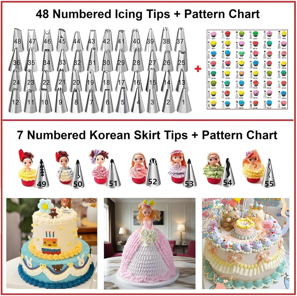 Cake Decorating Kit, 390 Pcs Baking Supplies (Pink) | Cake Turntable, Leveler, 55 Numbered Icing+Skirt Tips, 2 Spatulas, 3 Scrapers, 100 Pastry Bags,150 Cupcake Liners & More