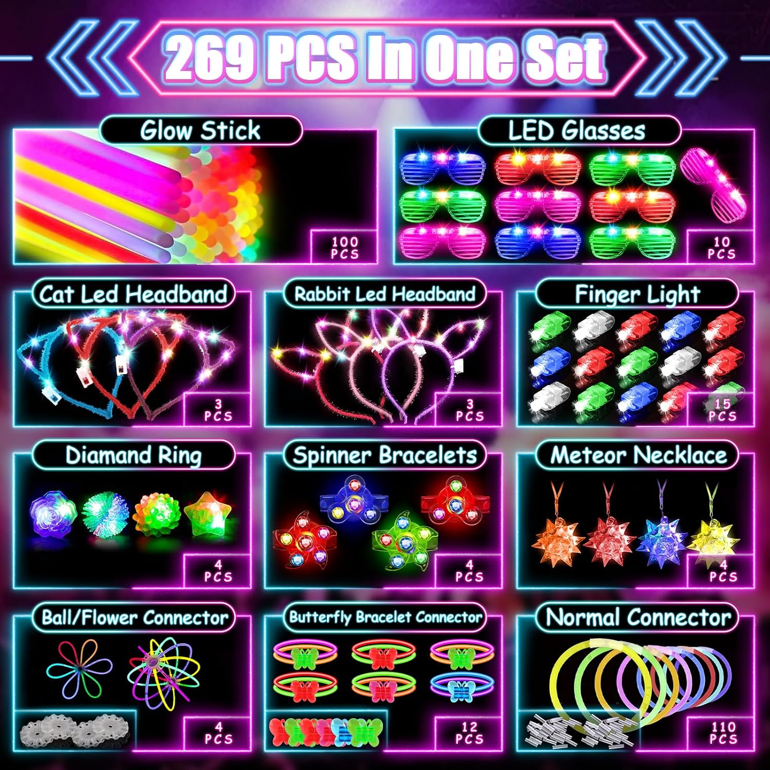 MIBOTE 269Pcs Led Light Up Toys Party Favors Glow in the Dark Party Supplies for Kid/Adults with Light Up Glasses,Headband,Rings,Bracelets,100 Glow Sticks Bulk Party Pack DIY Glow Neon Party Supplies