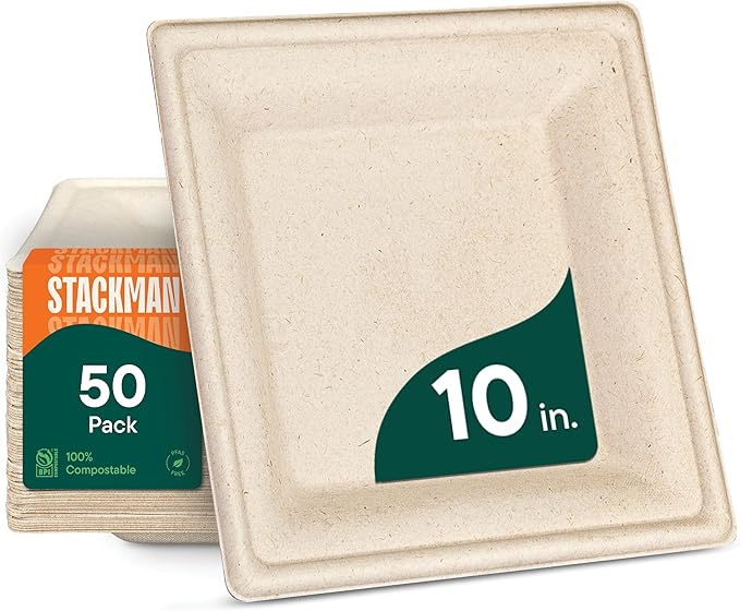 100% Compostable Square Paper Plates [50-Pack] - {PFAS-Free} - {BPI Certified} - [10 Inch] Heavy Duty, Eco-Friendly, Biodegradable Bagasse Dinner Plates - Natural Brown 10" Plate by Stack Man