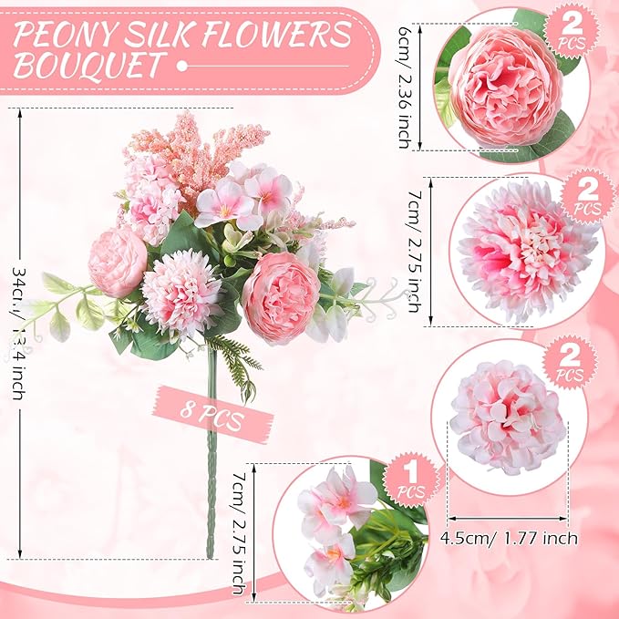 Zeyune 8 Pcs Wedding Silk Flowers Fake Silk Flowers Faux Bouquet Hydrangea Bouquets for Wedding Birthday Party Table Centerpieces Home Decoration(Pink,Peony)