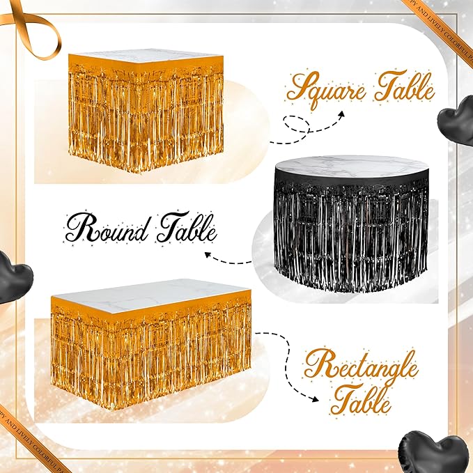 2 Pack Black Orange Table Skirts, 29x108" Metallic Foil Tinsel Fringe Table Skirt for Rectangle Tables Streamer Curtains Backdrop, Party Decorations for Birthdays, Weddings, Holidays