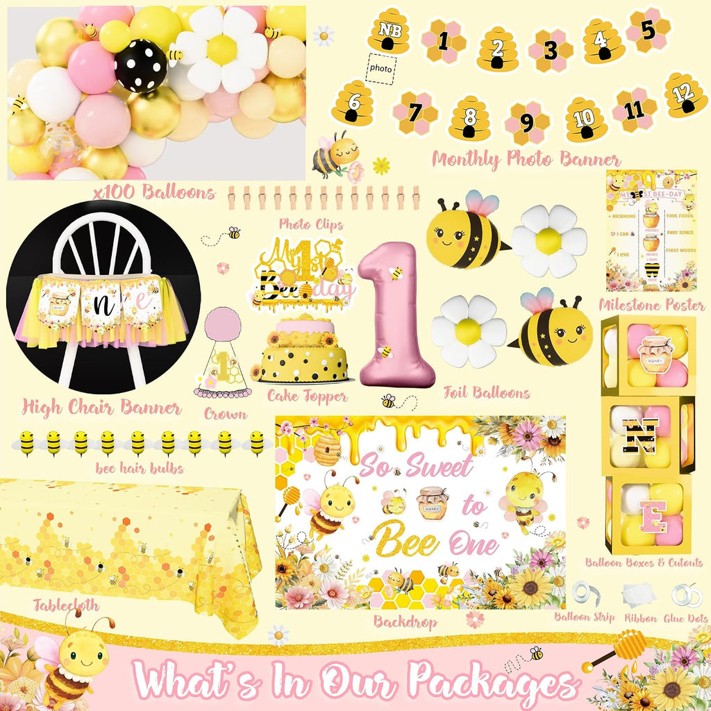 bee 1st birthday party decorations for girl, yellow shown in use