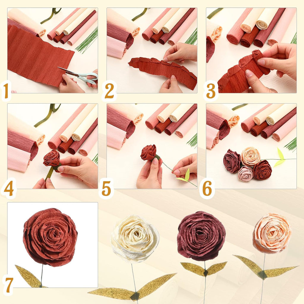 Gersoniel 57 Pcs Crepe Paper Flower DIY Kits 6 Rolls 35g Papel Crepe Sheets 50 Pcs Floral Iron Wire 10 Inch x 8 Feet 1 Roll 50 Meter for Birthday Party Wedding(Pink Series)