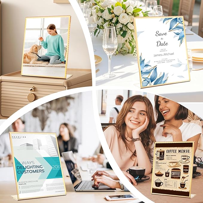 Acrylic Gold Frames 8 x10, Slanted Back Gold Picture Frames Table Acrylic Sign Holder for Photos Wedding Table Numbers and Art Display with Removable Clear Sticky Dots，6 Pack