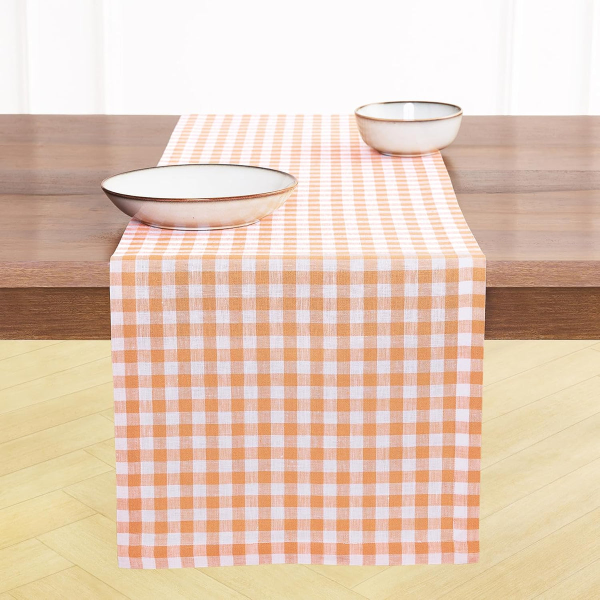 Solino Home 100% Pure Linen Table Runner Apricot, Gingham Check 14 x 90 in