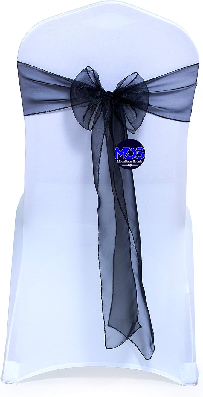 MDS Pack of 10 PCS Organza Chair Sashes Wider Dining Chair Bows Ribbon Tie Back for Wedding Party Birthday Bridal Shower Reception Event Banquet Home Chair Cover Decoration - Black