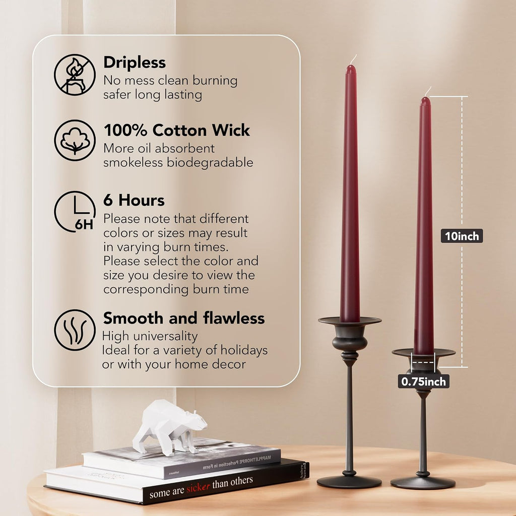 New Burning Formula Unscented Dripless 10-Inch Taper Candles Set of 12 - Burgundy, for Wedding, Dinner - Smokeless, Long Burning - Hand Poured, Colored Tall Candlesticks - Burdeos