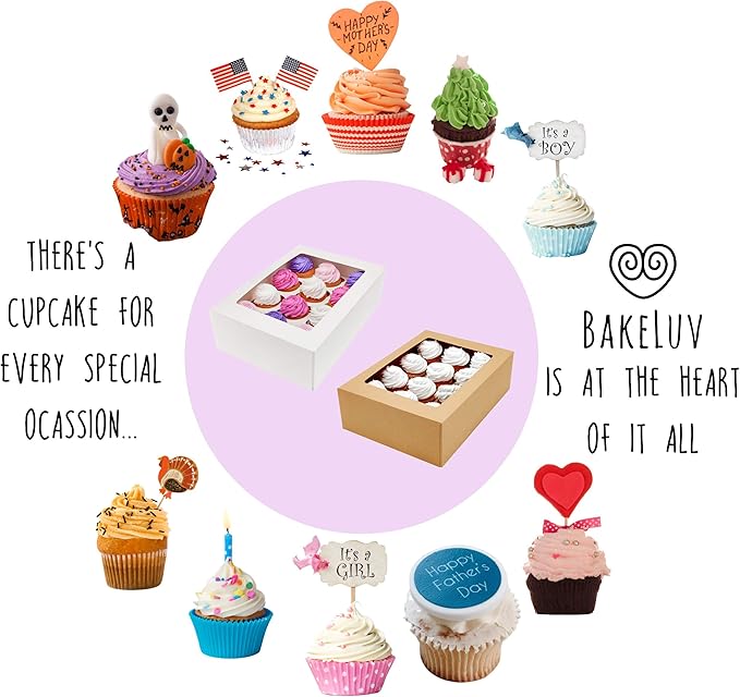 BAKELUV White 12 Cupcake Boxes, Cupcake Containers | 13x9.5x4, 50 Pack