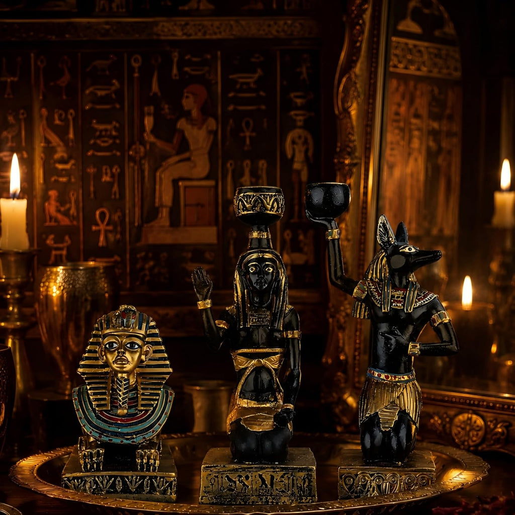 Egyptian Mythology Resin Candle Holder Set 3 Anubis Goddess Sphinx Decor