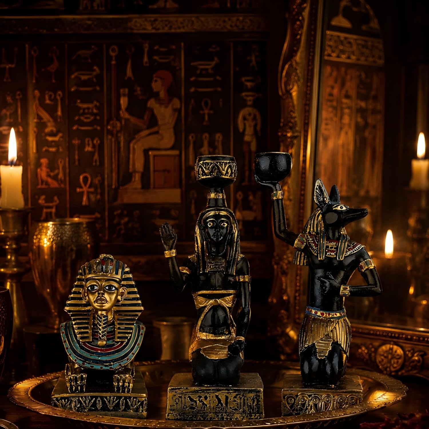 Egyptian Mythology Resin Candle Holder Set 3 Anubis Goddess Sphinx Decor