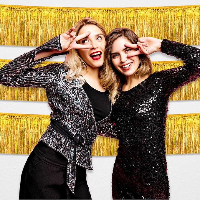 6 Pack 10 Feet Gold Foil Fringe Garland Metallic Tinsel Streamers Banner Wall Hanging Curtain Backdrop for Parade Floats, Birthday, Graduate, Mother's Day, Wedding Party Decoration