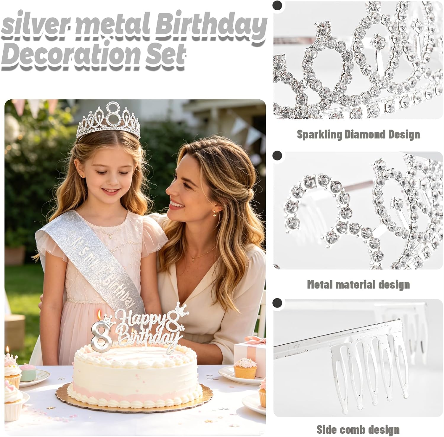 Silver Birthday Party Decorations Including Birthday Crown/Tiara, Sash, Number 9 Candle and Cake Toppers, 9 Year Old Birthday Gift Ideas