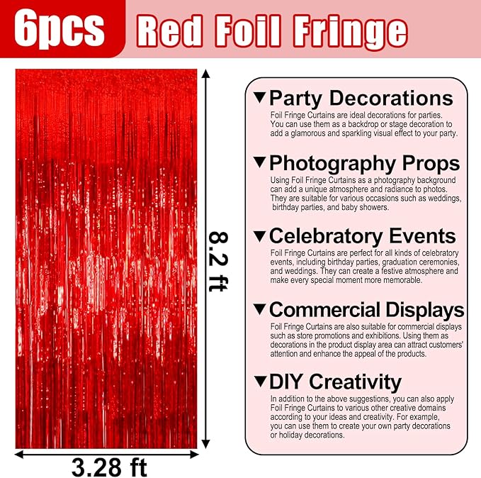 6 Pack Red Foil Fringe Curtain Backdrop, 3.28Ft x 8.2Ft Metallic Tinsel Foil Fringe Streamer Curtains for Photo Booth, Birthday, Wedding, New Year Party Decorations