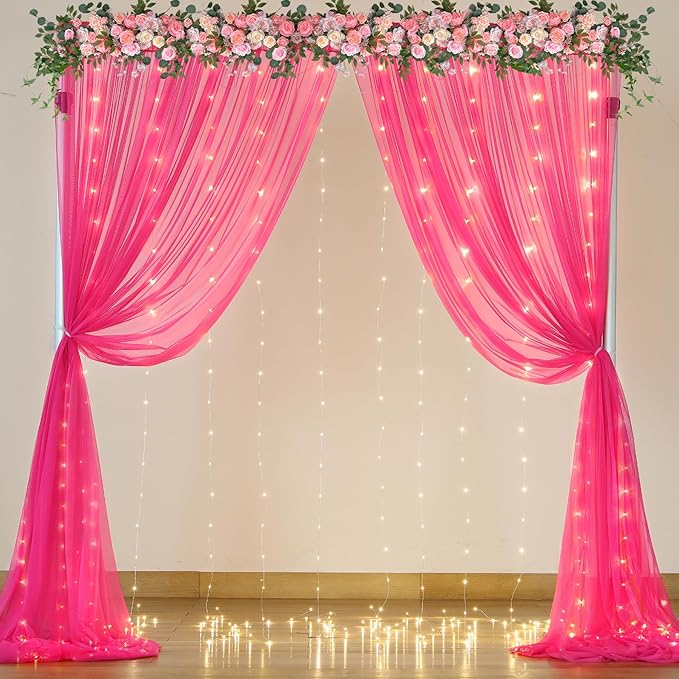 Hot Pink Tulle Backdrop Curtain with Lights for Parties 10x10ft Fuchsia Sheer Backdrop Curtains for Weddings Birthday Baby Shower Photo Shoot Background Decorations