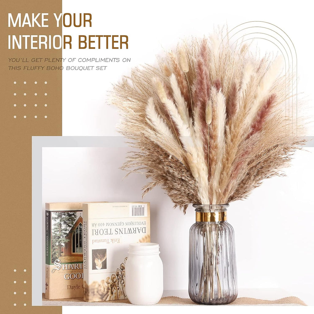 N&T NETING Dried Pampas Grass Decor- White Pampas Grass, Brown Pampas, Bunny Tail, Reed, Fluffy Dried Pompas Grass Flower for Home Wedding Table Vase Boho Modern Decor, 75Pcs