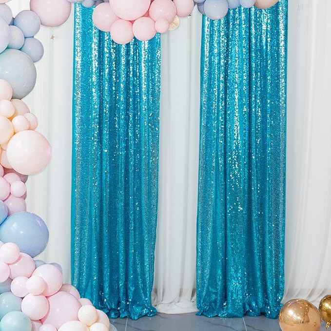 ShinyBeauty Sequin Curtains 2 Panels Turquoise 2FTx8FT Sequin Photo Backdrop Aqua Sequin Backdrop Curtain Pack of 2-1011E