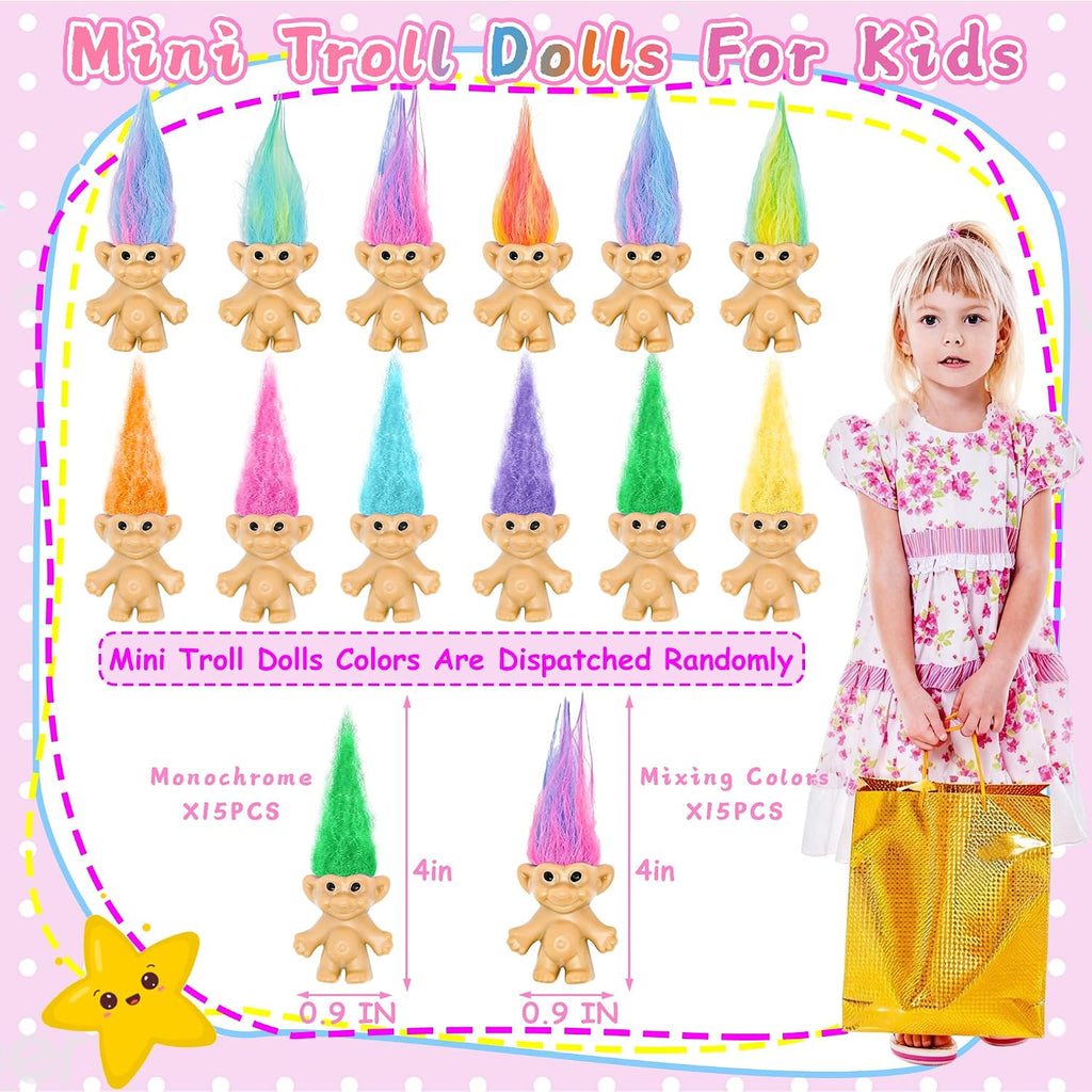30 Pcs Long-Haired Lucky Mini Troll Dolls - 4" Vintage Style Action Figures (0.8" Body) with Colorful Hair. Small Toys for Kids Goodie Bag Fillers, Classroom Prizes, Pinata Stuffers & Cake Toppers