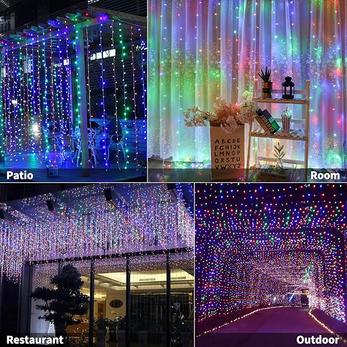 Brightown 300 LED Curtain String Lights, 9.8 FT Hanging Fairy Lights with Remote, 8 Modes, Connectable Waterproof Window Lights for Bedroom Backdrop Wedding Outdoor Christmas Party, Multicolor