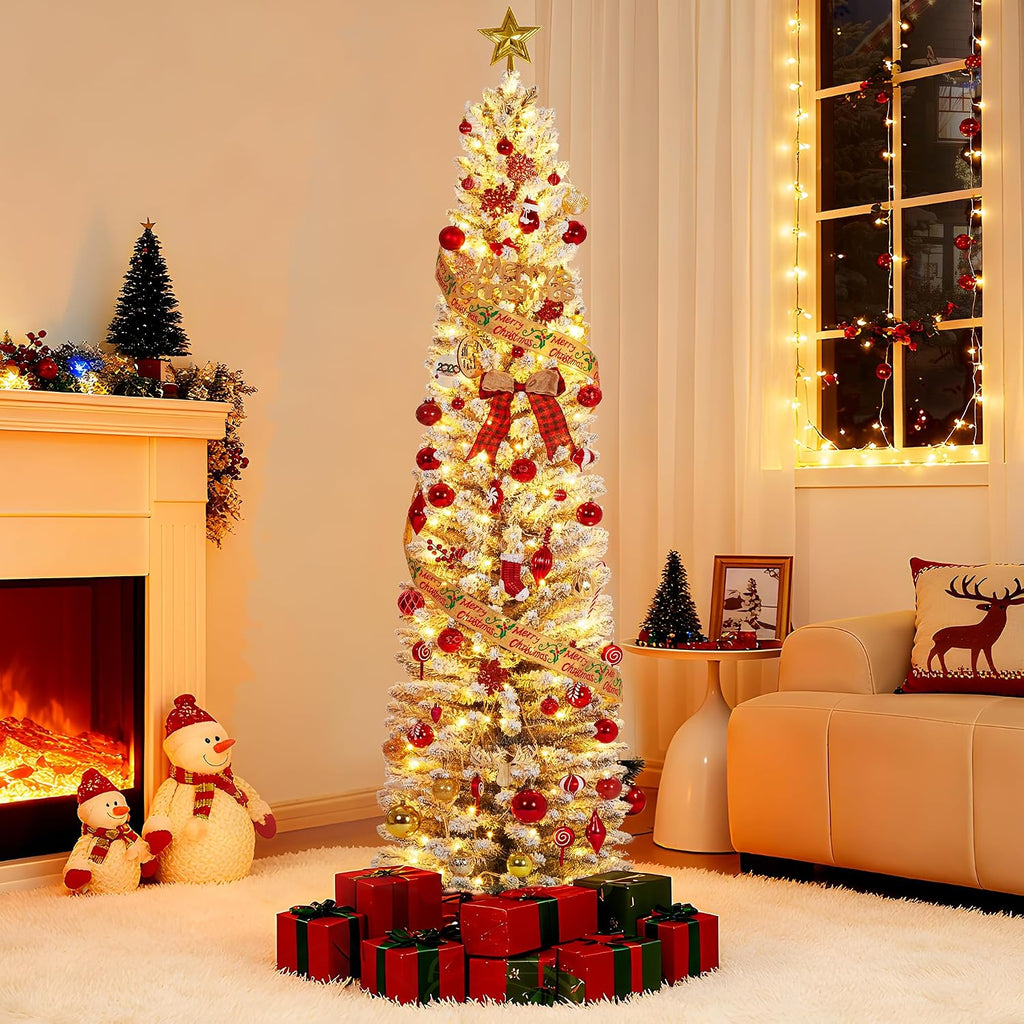 6ft flocked pencil christmas tree - pre-lit frosted, close-up detail