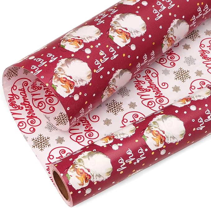Ribbli Christmas Wrapping Paper Reversible Vintage Santa and Merry Christmas Red White Gift Wrapping Paper Rolls-17 Inch x 33 Feet