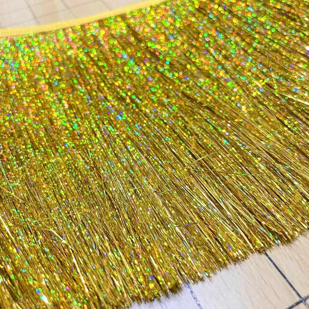 YYCRAFT 8' Wide Dance Costume Fringe Trimming - Shiny foil Effect Party Decor (5 Yards, Laser Gold)