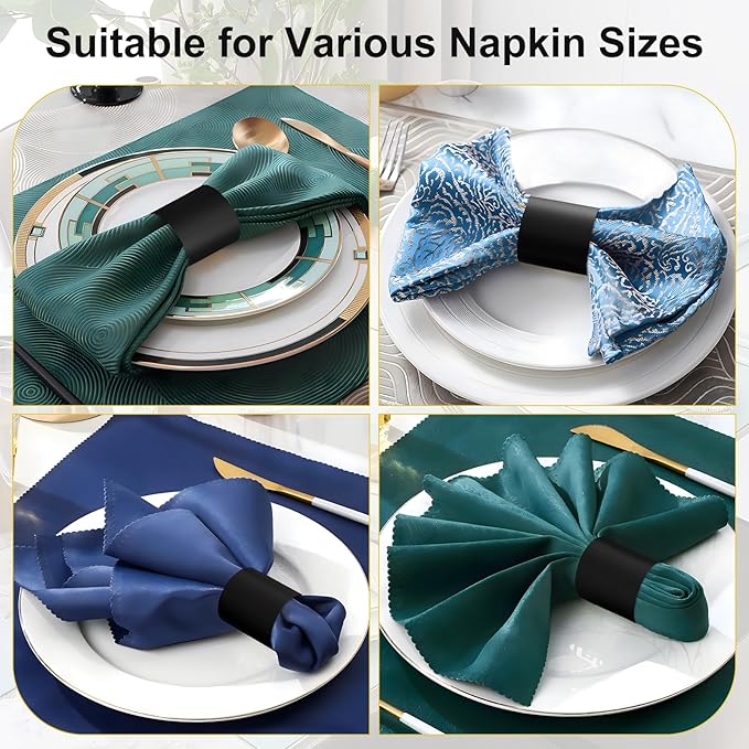 Polymer Material Reusable Napkin Band, Glue-Free Tear-Proof Water Resistant Oil-Proof Napkin Bands Set of 100(Front Black Color and Back White), 6 Adjustable Sizes Napkin Rings