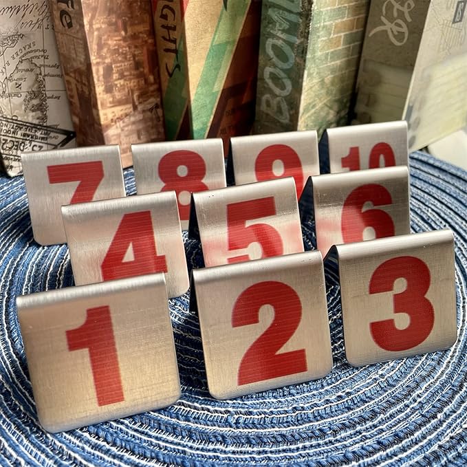 10 Pcs Metal Place Cards Stackable Tent Style Table Numbers，Place Card Holders for Celebration Wedding Party Restaurants Cafes Bars Gatherings meeting Room Board Game Serial (Small 1-10, Red)