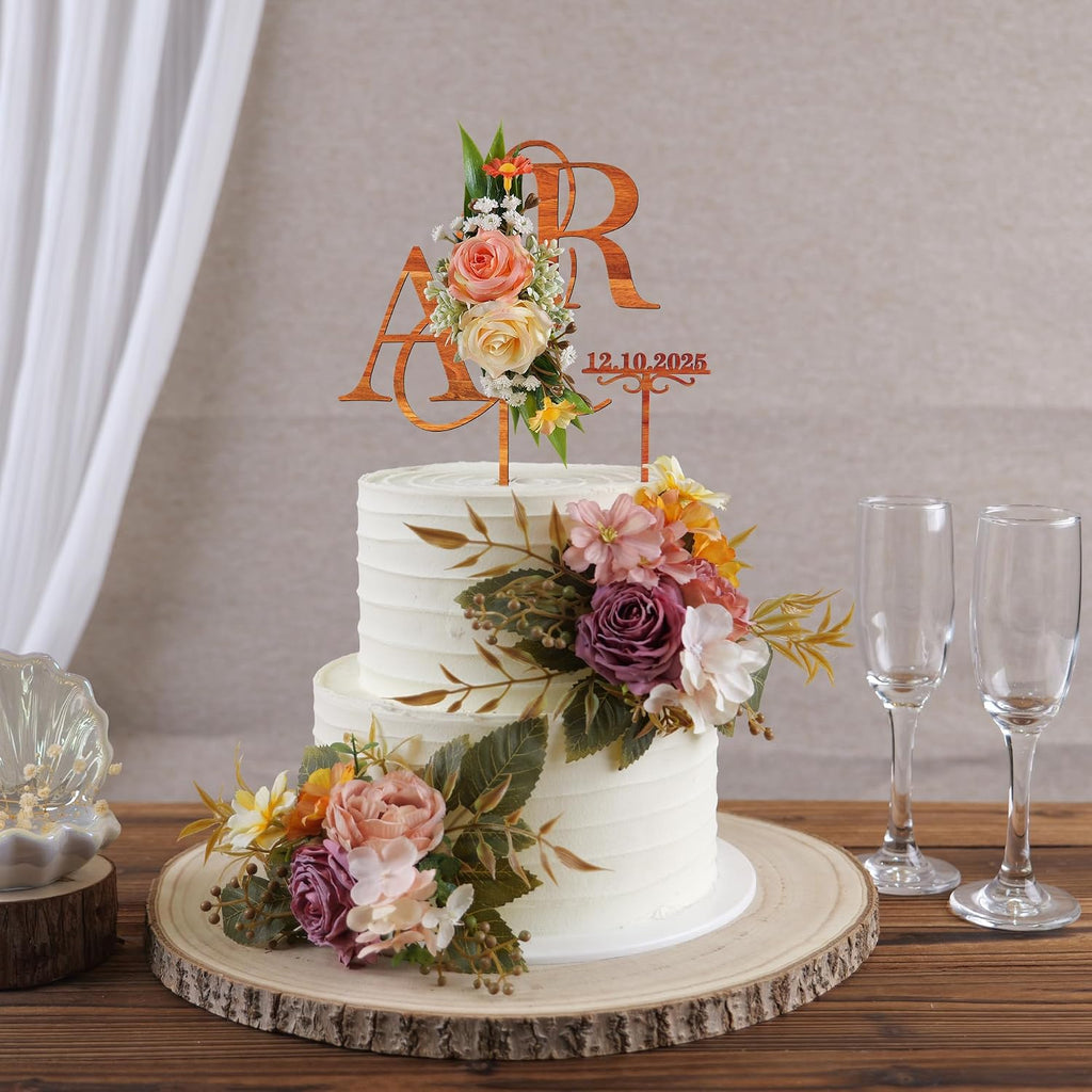 Personalized Wedding Cake Topper with 3D Artificial Flowers and Green Leaves Custom Initials Wooden Anniversary Cake Decoration
