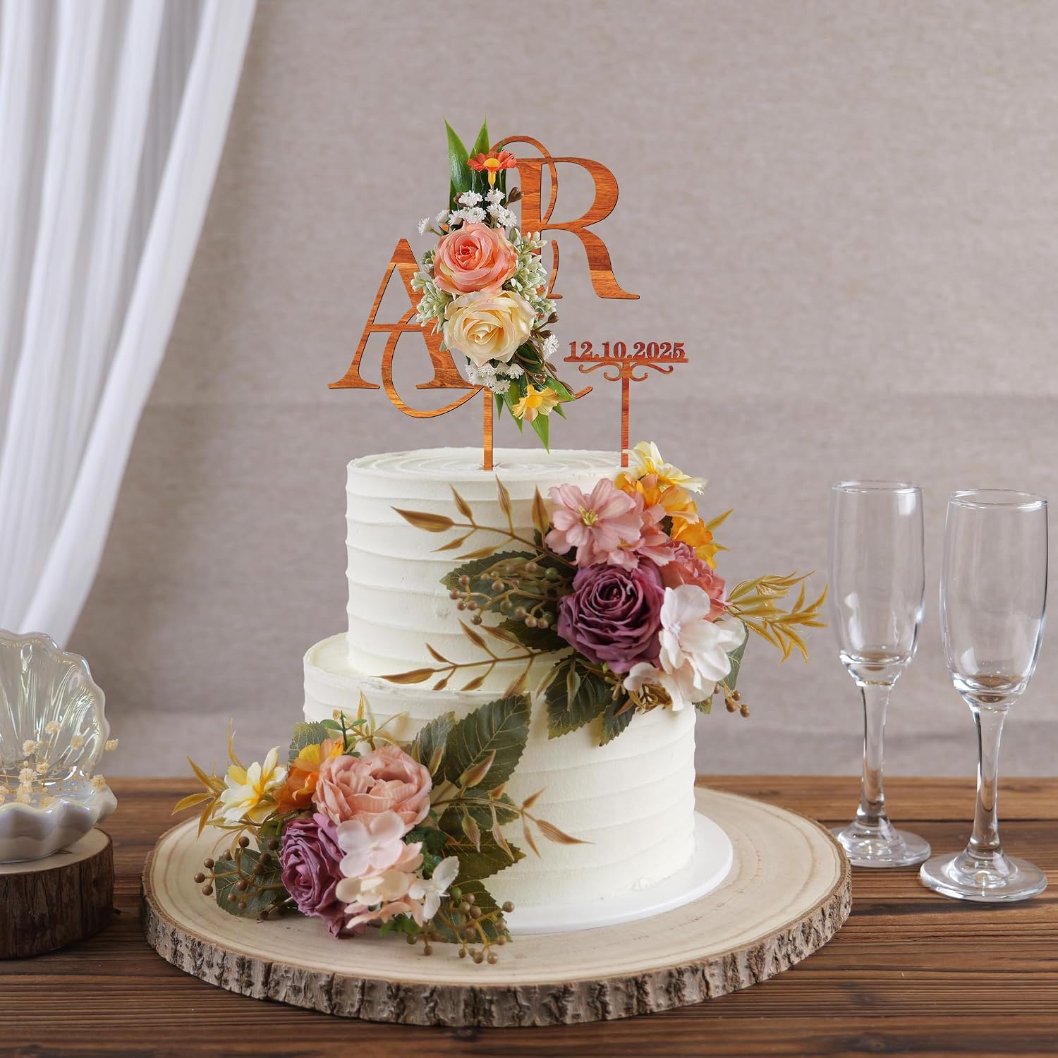 Personalized Wedding Cake Topper with 3D Artificial Flowers and Green Leaves Custom Initials Wooden Anniversary Cake Decoration