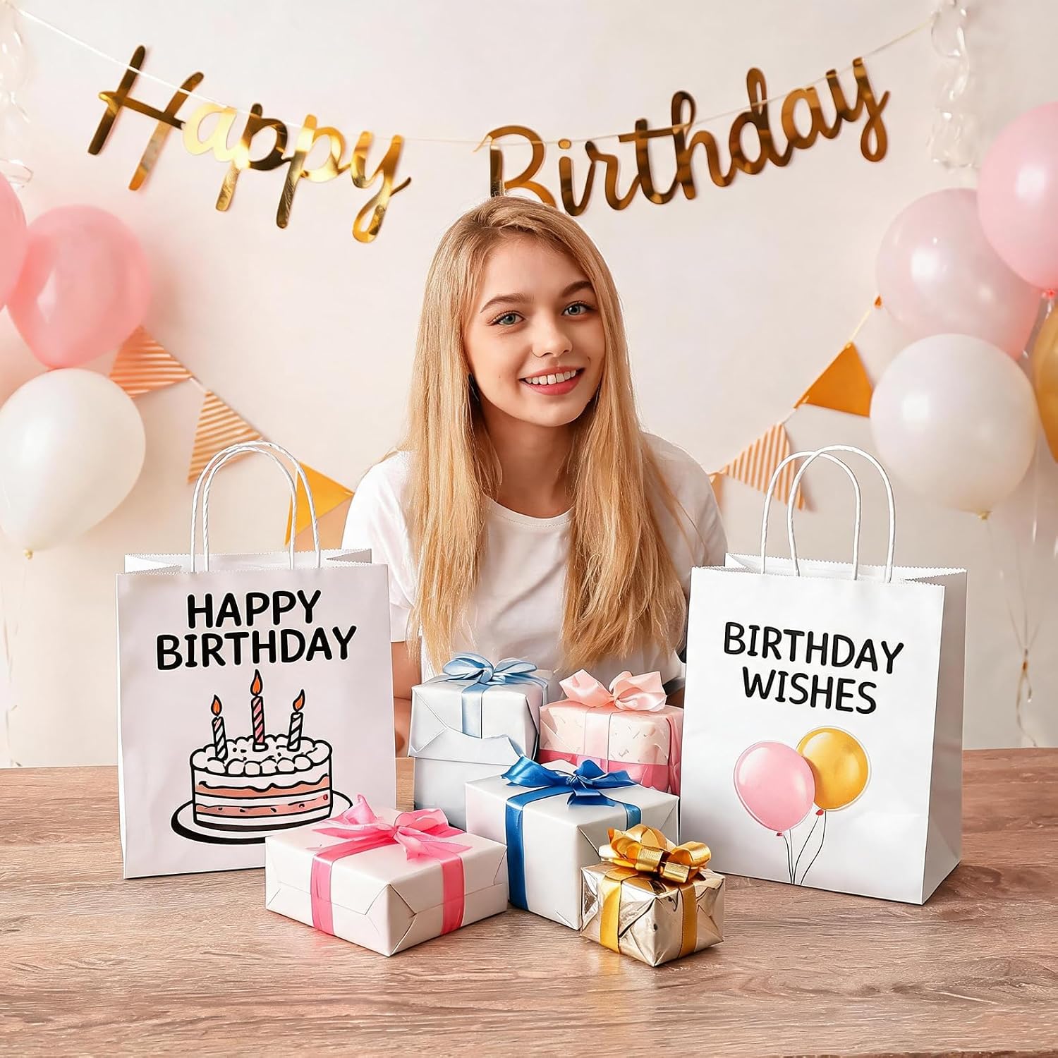 bagmad 100Pcs Pack 8x4.75x10 inch Medium White Kraft Paper Bags with Handles Bulk, Gift Bags, Craft Grocery Shopping Retail Birthday Party Favors Wedding Sacks Restaurant Takeout, Business (100)