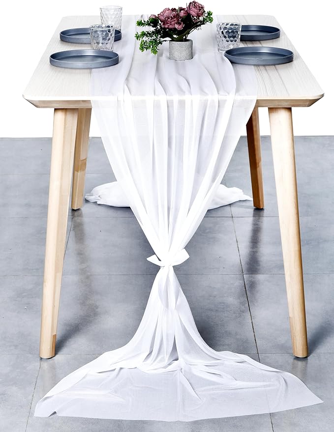 MDS 15 Pack 10ft Chiffon Table Runner 29 x 120 Inches Sheer Wedding Runner Romantic Rustic Table Runner for Wedding Decorations, Birthday Parties, Bridal Shower Party Arch Decor - White