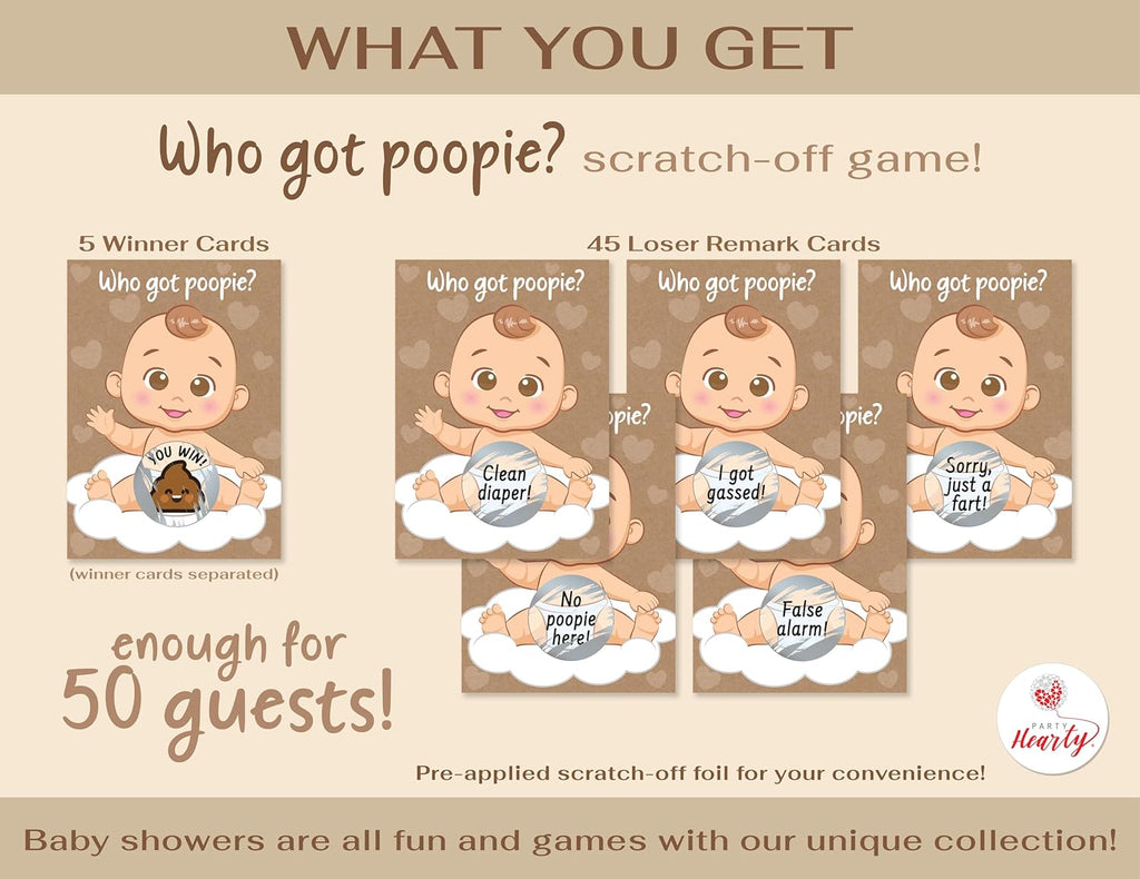 Party Hearty Baby Shower Scratch-Off Game, Poopie Emoji Cards - Kraft Boy | 50 Cards, Hilarious and Engaging, Baby Shower Activity