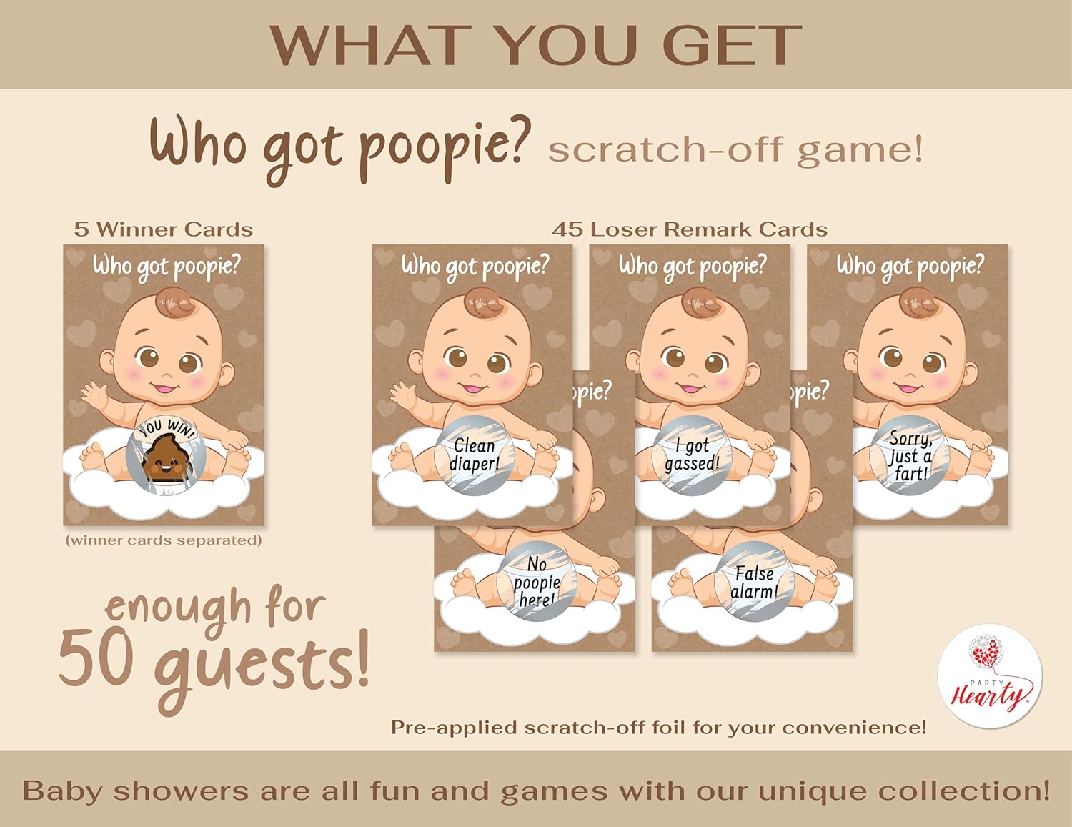 Party Hearty Baby Shower Scratch-Off Game, Poopie Emoji Cards - Kraft Boy | 50 Cards, Hilarious and Engaging, Baby Shower Activity