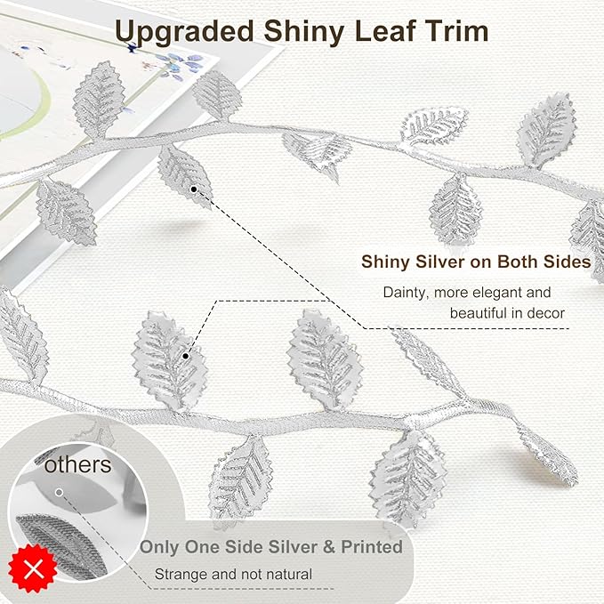 Naidiler Leaf Ribbon, Artificial Vines Leaves String Trim Ribbon Wild Jungle Botanical Greenery for Baby Shower Party Wedding Home Wreaths & DIY Craft (Silver 120Ft)