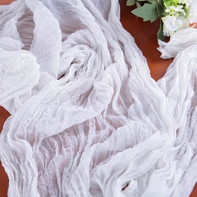 16PCS White Cheesecloth Table Runner 10FT 35x120Inch Boho Gauze Cloth Long Rustic Sheer for Wedding Party Baby Bridal Shower Decor