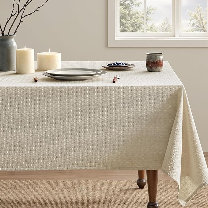 MIULEE Natural Linen Cottton Table Cloth Rectangle Tablecloth Waterproof Spillproof Cross-Star Textured Table Cltoth Decorative Farmhouse Style for Dining Party Weddings 60x84 Inch