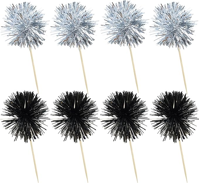 Ephlyn 30Pcs Foil Firework Cupcake Toppers Sparkles Fireworks Sticks Birthday Decorations Sparkle Tinsel Cocktail Fruit Toothpick for Birthday Wedding Graduation Party Cake Decorations Black Silver