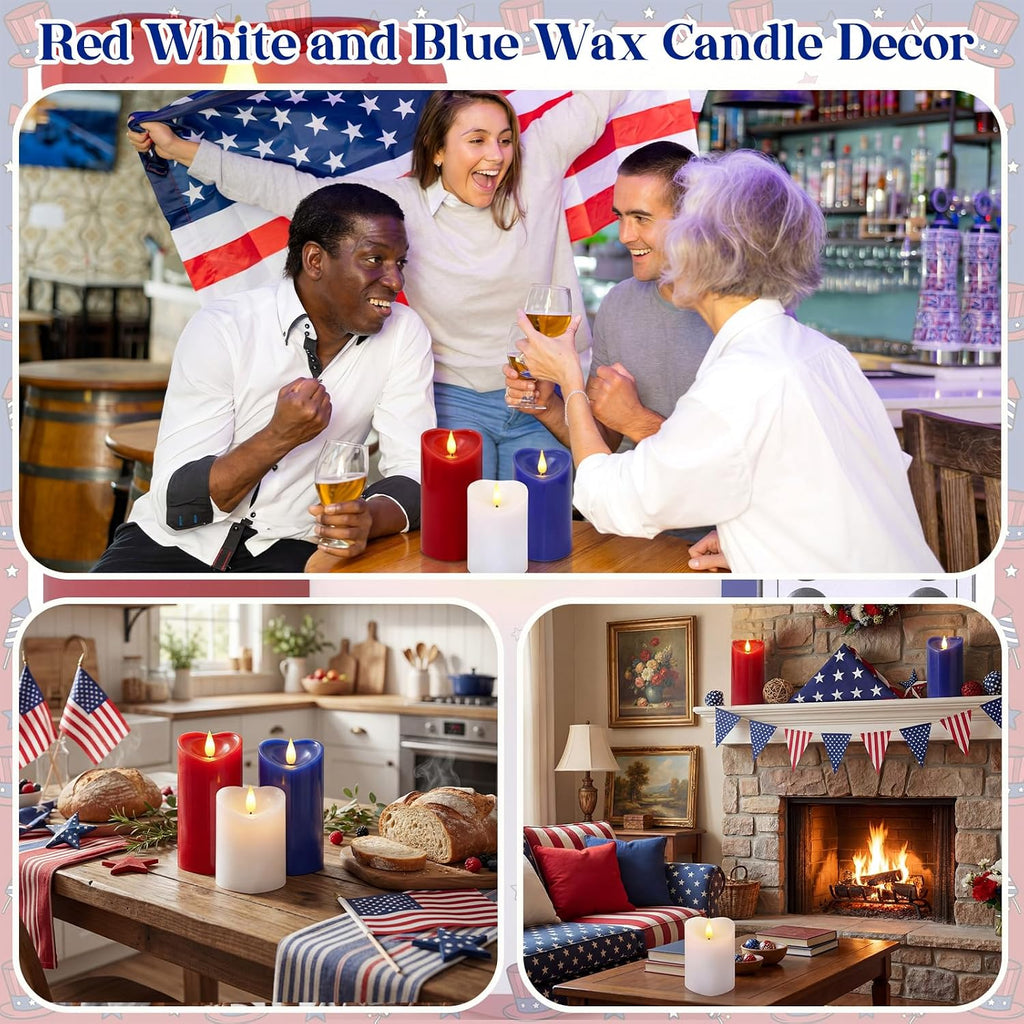 Retisee 3 PCS 4th of July Pillar Candle - 4" 5" 6" LED Battery Operated Flameless Candle with Remote for Independence Day Home Party Decoration Gift