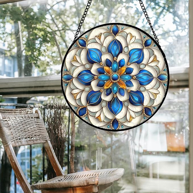 Stained Glass Window Hanging - Blue and White Abstract Flowers Suncatcher for Door Terrace Garden Home Decor, Gold Sun Catcher Birthday Gifts for Lovers Women Men Dad Mom Nana 9.8 in