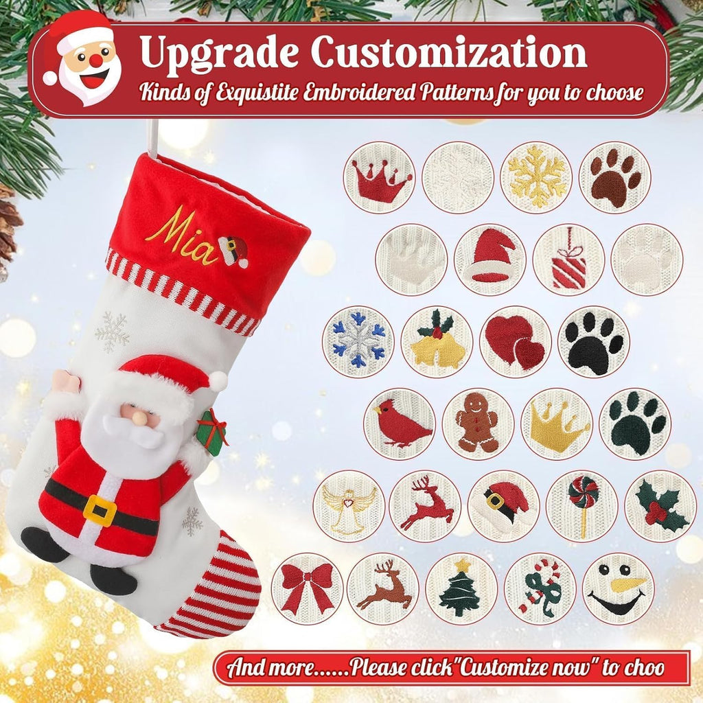 Personalized Christmas Stockings with Embroidered Name & Monogram,Custom 3D Xmas Character Stocking 1 Pack 18” Large,Santa,Snowman & Reindeer Fireplace Hanging Red Burlap Plaid Stockings(A)