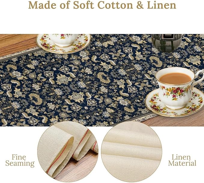 Vintage Boho Floral Table Runner, Morris Rustic Country Farmhouse Dark Blue Grey Retro Flower Pattern for Home Kitchen Table Decor Dining Coffee Room Party Decor 13x60in