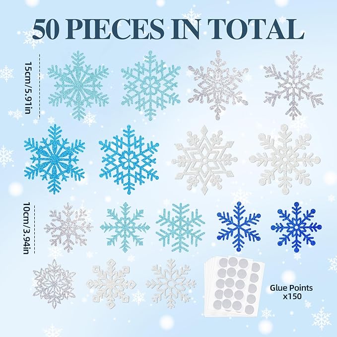 Winter Snowflake Cutouts Glitter Paper Decorations - 50Pcs Blue and Silver Double-Side Christmas Cutouts for Holiday Winter Wonderland Bulletin Board, Frozen Party Decor