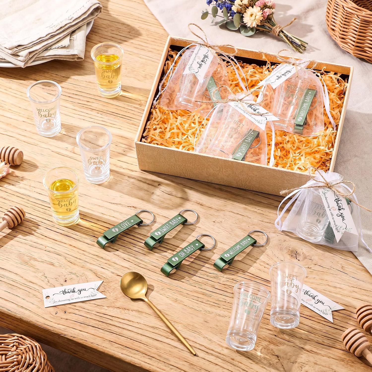 Pickmesh 96 Pcs Baby Shower Party Favors for 24 Guest, Boy Girl Shot Glasses Gifts, Bottle Openers, Thank You Tags, Organza Bags Gender Reveal Party Baby Shower Return Gifts for Guest (Sage Green)