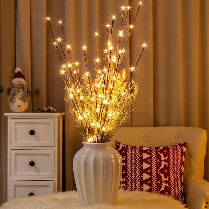 PEIDUO Lighted Brown Branches with Timer, 30Inch 3PK 60 LED Pathway Lights, Willow Branch Lights for Home Decorations Indoor Apartment Outdoor Stake Lights for Lawn