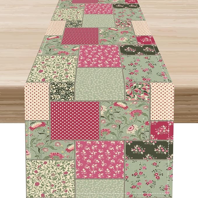 Patchwork Table Runner, Boho Vintage Floral Checkered Plaid Bohemian Paisley Flower Farmhouse Table Center Decor for Home Kitchen Dining Patio Holiday Party Indoor Table Decorations, 13"x90" Inch