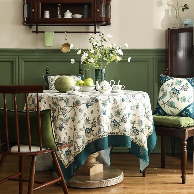 patdrea Designer Green Linen Long Table Cloth for Rectangle Table,Vintage Floral Pattern Durable Tablecloth,French Cover Decor for Kitchen Dining,Christmas,Thanksgiving,Tea Party,63"x102"-Noah
